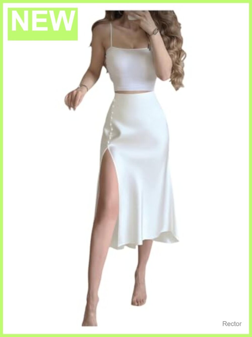 Satin Midi Skirt High Waisted Side Slit Button Elegant Night Out